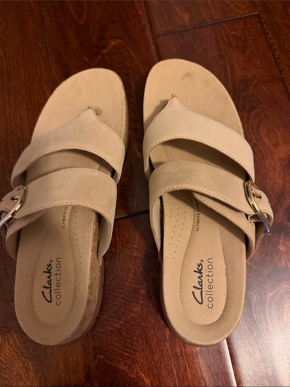 Clarks Beige Double-Strap Slide Sandals with Buckle